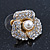 Prom Gold Plated Pave Set Clear Crystal Simulated Pearl 'Flower' Stud Earrings - 20mm Width - view 3