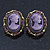Vintage Oval Shaped Violet/ Pink Diamante Cameo Stud Earring In Antique Gold Plating - 25mm Length - view 2