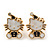 Children's/ Teen's / Kid's Small White/ Black Enamel 'Kitty in the Hat' Stud Earrings In Gold Plating - 13mm Length