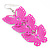 Neon Pink Lightweight Filigree Triple Butterfly Drop Earrings In Silver Tone - 75mm Length - view 3