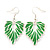 Rhodium Plated Green Enamel 'Leaf' Drop Earrings - 45mm Length