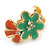 Orange/ Green/ Yellow Crystal Floral Clip On Earrings In Gold Plating - 22mm Length - view 7