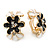 Black/ White Crystal Floral Clip On Earrings In Gold Plating - 22mm Length - view 2