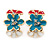 Pink/ Light Blue/ White Crystal Floral Clip On Earrings In Gold Plating - 22mm Length