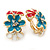 Pink/ Light Blue/ White Crystal Floral Clip On Earrings In Gold Plating - 22mm Length - view 2