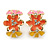 Pink/ Orange/ Yellow Crystal Floral Clip On Earrings In Gold Plating - 22mm Length