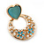 Light Blue Heart & Flower Diamante Hoop Earring In Gold Plating - 30mm Length - view 3