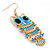 Light Blue Enamel 'Owl' Drop Earrings In Gold Plating - 7cm Length - view 4