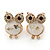 Funky White Enamel Crystal 'Owl' Stud Earrings In Gold Plating - 18mm Length - view 2