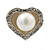 Classic Simulated Pearl Crystal Heart Stud Earrings In Silver Tone - 15mm Width - view 5