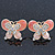 Coral/ Pink Enamel Diamante Double Butterfly Stud Earrings In Gold Plating - 25mm Width - view 2