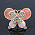 Coral/ Pink Enamel Diamante Double Butterfly Stud Earrings In Gold Plating - 25mm Width - view 3