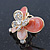 Coral/ Pink Enamel Diamante Double Butterfly Stud Earrings In Gold Plating - 25mm Width - view 4
