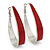 Rhodium Plated Red Enamel Oval Hoop Earrings - 7.5cm Long