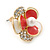 Gold Plated White/ Coral Enamel, Crystal 3D Flower Stud Earrings - 20mm Diameter - view 2