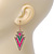 Deep Pink, Green Enamel Crystal Triangular Drop Earrings In Gold Plating - 60mm Length - view 2