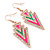 Deep Pink, Green Enamel Crystal Triangular Drop Earrings In Gold Plating - 60mm Length - view 5