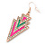 Deep Pink, Green Enamel Crystal Triangular Drop Earrings In Gold Plating - 60mm Length - view 4