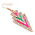 Deep Pink, Green Enamel Crystal Triangular Drop Earrings In Gold Plating - 60mm Length - view 6
