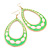Long Lightweight Neon Green/ White Enamel Oval Hoop Earrings In Gold Plating - 85mm Drop