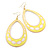 Long Lightweight Neon Yellow/ White Enamel Oval Hoop Earrings In Gold Plating - 85mm Drop