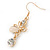 Clear Crystal, Milky White Cat Eye Stone Butterfly Drop Earrings In Gold Plating - 50mm Length - view 9