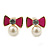 Children's/ Teen's / Kid's Small Deep Pink Enamel, Simulated Pearl 'Bow' Stud Earrings In Gold Plating - 10mm Length