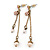 Gold Tone Pink Simulated Pearl, Enamel Flower Double Chain Dangle Earrings - 60mm L