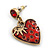Vintage Inspired Red Enamel, Crystal 'Heart' Drop Earrings In Antique Gold Metal - 33mm Length - view 3