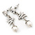Vintage Inspired Swallow With Freshwater Pearl Drop Earrings In Silver Tone - 35mm Length - view 5