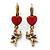 Vintage Inspired Gold Tone Red Enamel Heart, Angel Drop Earrings With Leverback Closure - 40mm Length