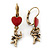Vintage Inspired Gold Tone Red Enamel Heart, Angel Drop Earrings With Leverback Closure - 40mm Length - view 2