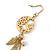 Matt Gold Tone Bird Silhouette With Chains, Leaf, Freshwater Pearl Drop Earrings - 8cm Length - view 3