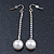 Silver Tone Bead Chain With White Faux Pearl Drop Earrings - 70mm Length