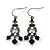 Victorian Style Black Glass Bead, AB Crystal Drop Earrings In Burn Silver Metal - 45mm Length