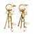 Small Gold Tone Hoop Earrings With Chains, Freshwater Peals, Mother Of Pearl Leaves - 50mm L