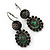 Victorian Style Oval Black, Green Crystal Drop Earrings In Gun Metal - 45mm Length - view 7