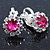 Small Fuchsia, Clear Crystal Floral Clip On Earrings In Silver Tone - 15mm L - view 2