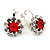 Small Red, Clear Crystal Floral Clip On Earrings In Silver Tone - 15mm L - view 2