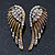 Vintage Inspired Diamante 'Angel Wings' Stud Earrings In Antique Gold Metal - 40mm Length - view 4