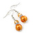 Orange Simulated Glass Pearl, Crystal Drop Earrings In Rhodium Plating - 40mm Length - view 2