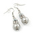 Light Grey Simulated Glass Pearl, Crystal Drop Earrings In Rhodium Plating - 40mm Length - view 2