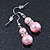Light Pink Glass Pearl, Crystal Drop Earrings In Rhodium Plating - 40mm Length - view 2