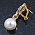 Art Deco Bridal/ Prom/ Wedding White Simulated Pearl Crystal Drop Earrings In Gold Tone - 30mm L - view 2