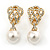 Art Deco Bridal/ Prom/ Wedding White Simulated Pearl Crystal Drop Earrings In Gold Tone - 30mm L - view 5