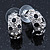 Silver Tone Clear Crystal, Black Enamel C Shape Hoop Earrings - 18mm D - view 2