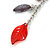 Silver Tone Grey Bead, Red Acrylic Leaf Chain Drop Earrings - 65mm Length - view 5