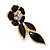 Black Enamel, Clear Crystal Flower Drop Earrings In Gold Plating - 40mm Length - view 2