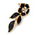 Black Enamel, Clear Crystal Flower Drop Earrings In Gold Plating - 40mm Length - view 4