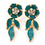 Teal Green Enamel, Clear Crystal Flower Drop Earrings In Gold Plating - 40mm Length